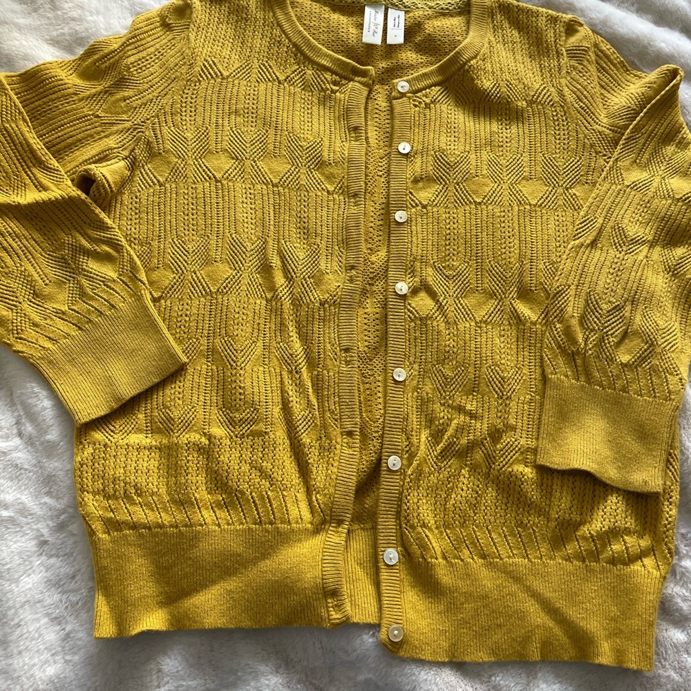 Anthropologie Mustard Yellow Open-Knit Button Cardigan